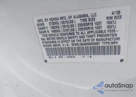 2008 Honda Odyssey Ex из США, поврежденный, VIN 5FNRL38468B065357